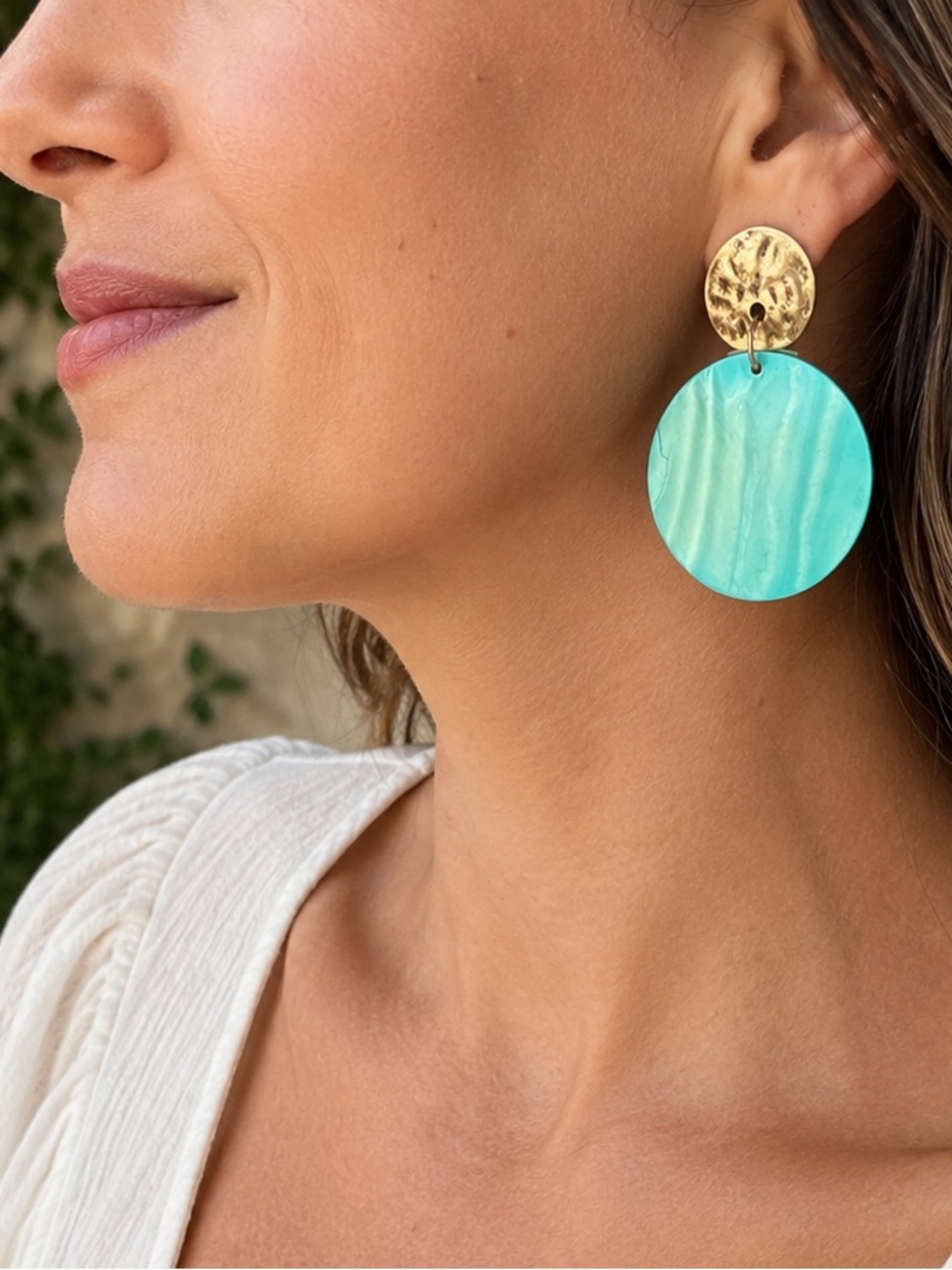 Robert Lee Morris RLM Studio Turquoise Shell Disc Drop Earrings Gold Tone